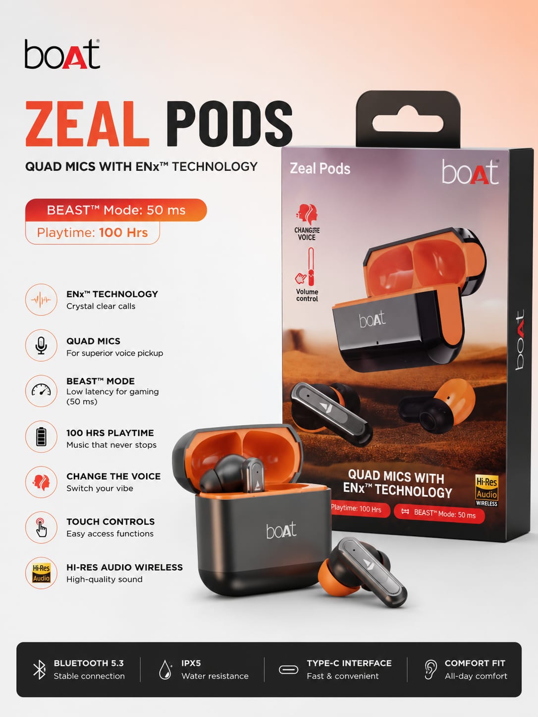boAt Zeal Pods TWS Earbuds – 100H Playtime, Quad Mics & BEAST™ Mode